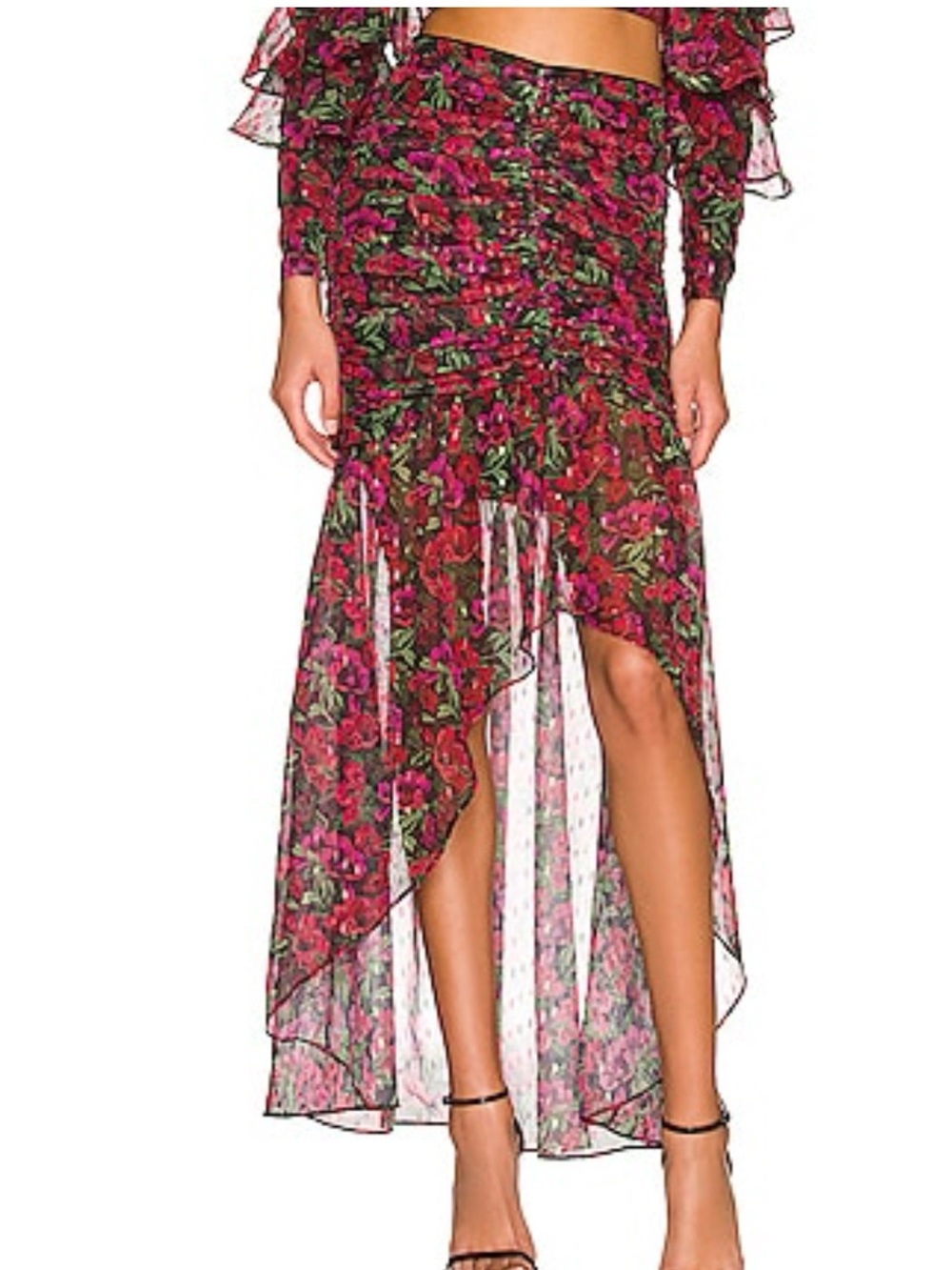 Majorelle Floral High-Low Ruffle Midi Skirt in Pink & Green